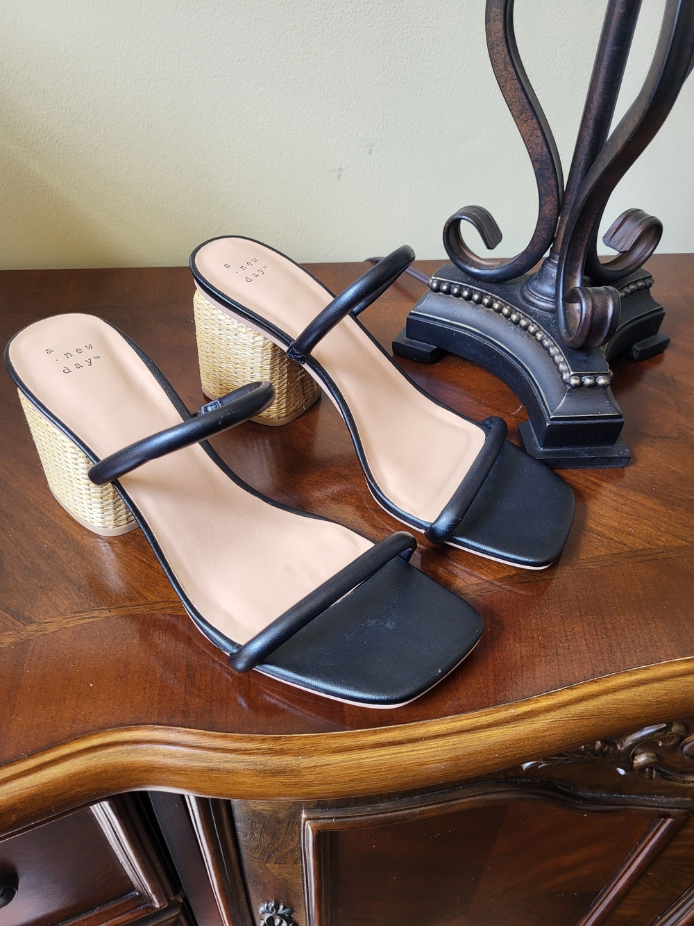 A New Day Black Strappy Rattan Block Heel Sandals